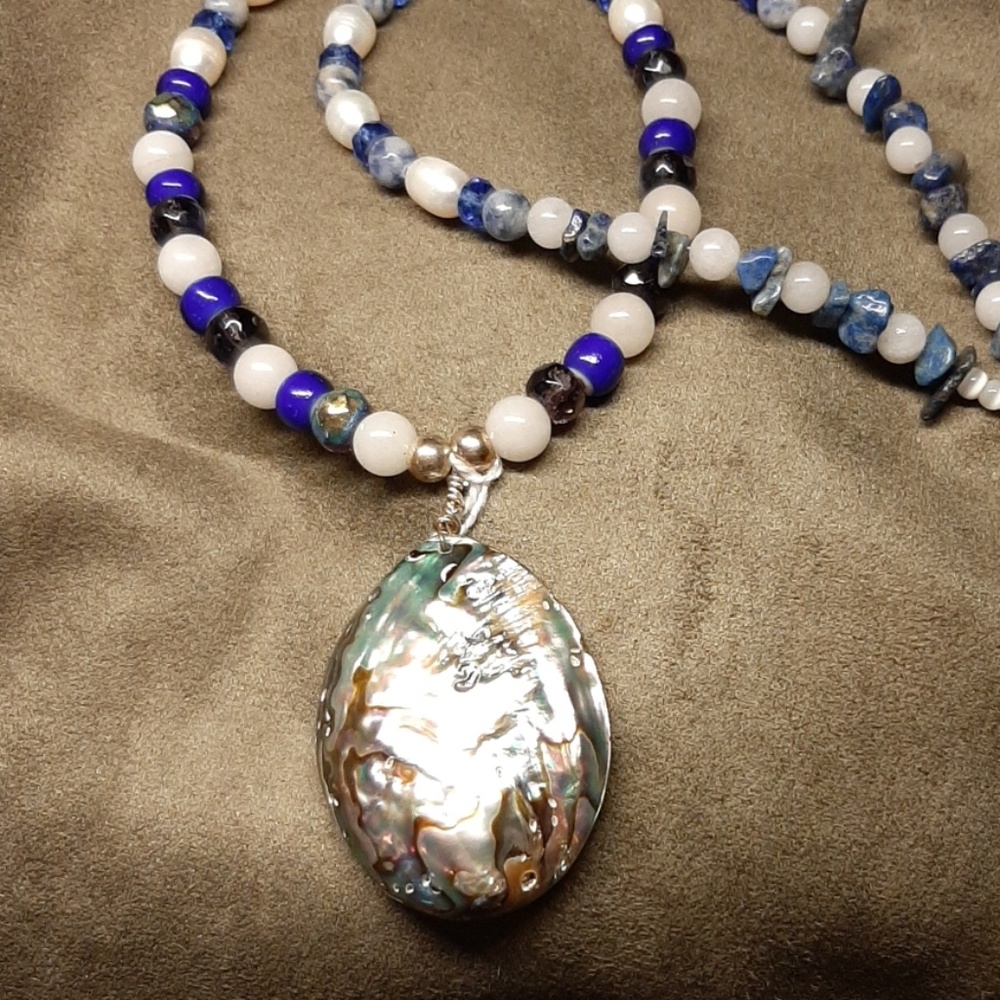 Abalone with blue trade beads necklace